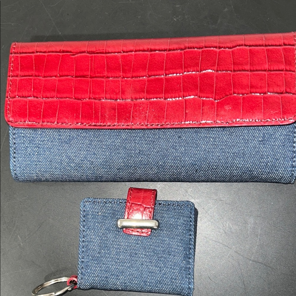 Croc-Embossed Wallet and Mirrored Keychain Set